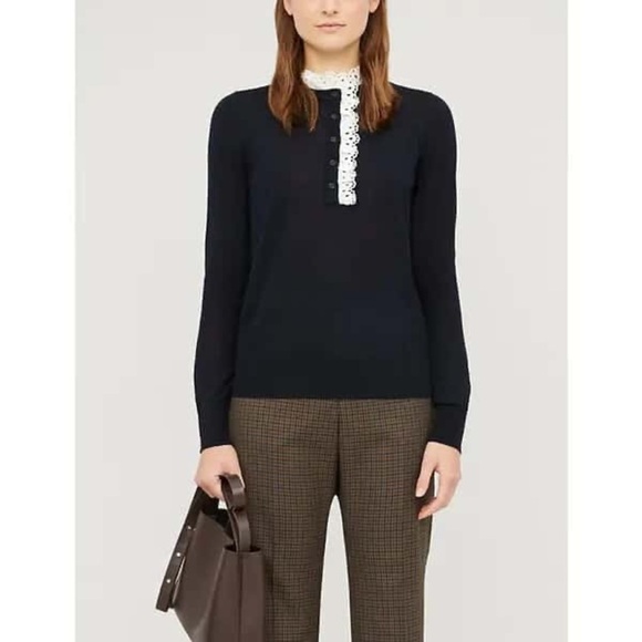 Sandro Paris Colane Crochet-Trim Navy Wool Silk Ruffle Lace Collar Sweater - Picture 2 of 6